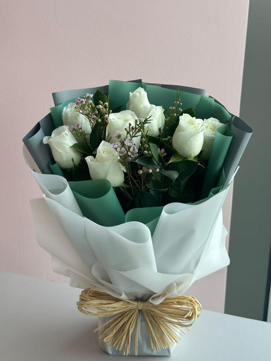 7 White Roses Hand Bouquet Anniversary Flower